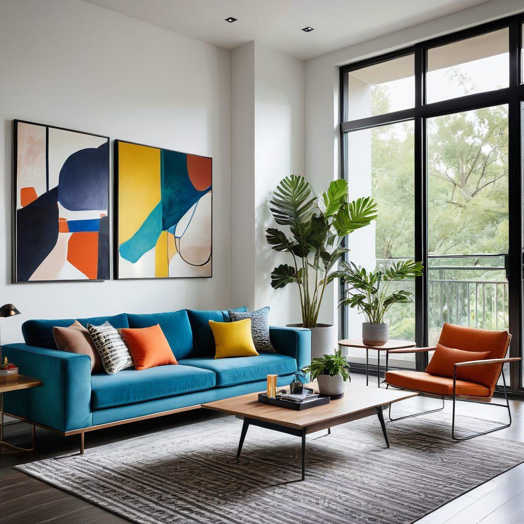 A stylish living room showcasing modern furniture, featuring sleek lines, minimalist decor, and a combination of wood and metal accents. Natural light streams through large windows, illuminating colorful cushions and potted plants that add a touch of life. Incorporate trendy accessories like abstract art and geometric shapes for a contemporary touch. super-realistic. vibrant colors. airy and bright.