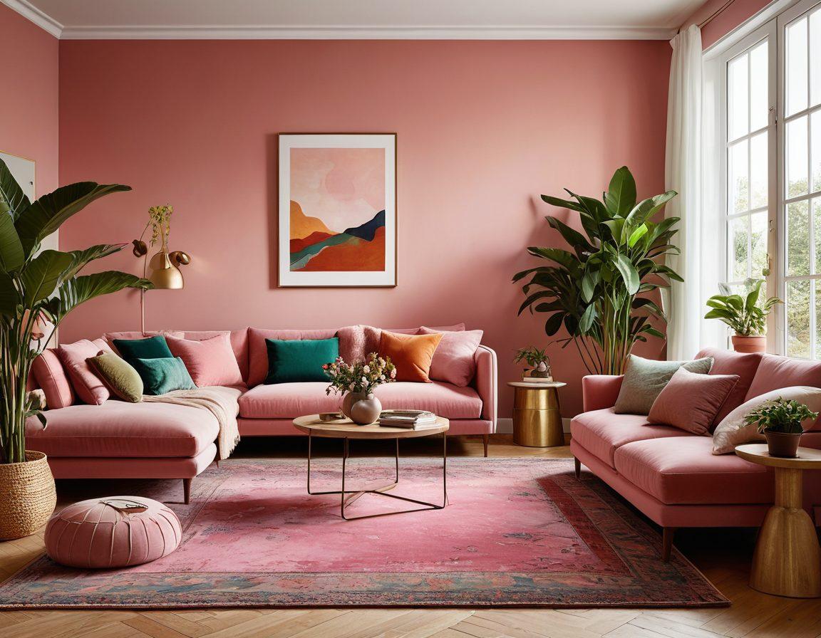 A cozy living room featuring a stylish mix of modern furniture and comfortable textiles, rich textures like plush rugs and soft cushions, warm ambient lighting, and vibrant plants bringing life to the space. Pinks and greens harmoniously blend, emphasizing a transformative aesthetic. super-realistic. vibrant colors. natural lighting.
