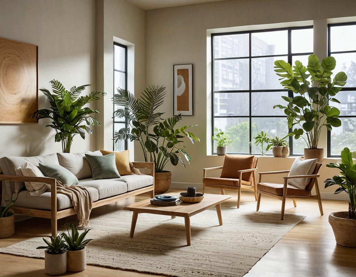 A serene living room featuring minimalistic eco-friendly decor, with natural wood furniture, lush potted plants, and neutral-toned textiles. Soft sunlight streaming in through large windows, illuminating a tapestry of sustainable decor items like recycled art and organic shapes. The atmosphere should evoke calmness and inspiration for an eco-conscious lifestyle. cinematic lighting. super-realistic. vibrant colors.